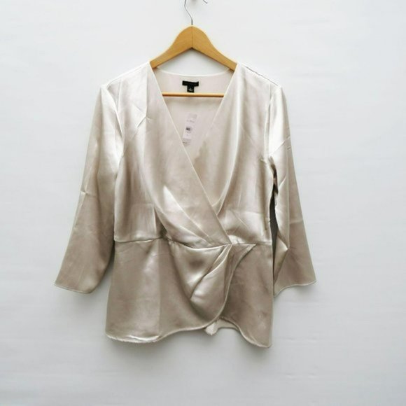 Ann Taylor Silver Ivory Wrap Blouse, Size Medium - Picture 2 of 13